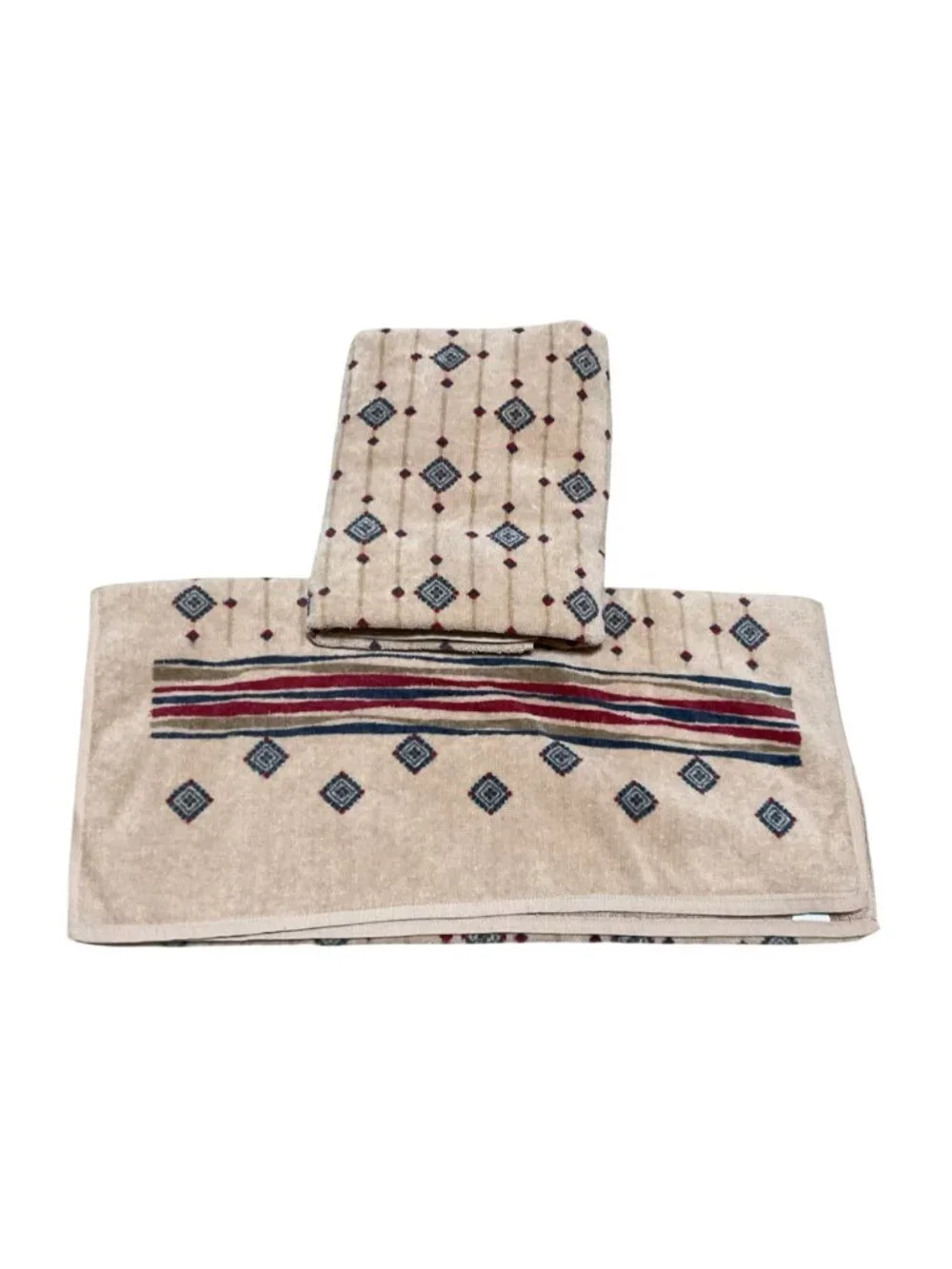 Vtg Burlington Beige & Blue Diamond Pattern Bath Towels Made In USA Set Of 2